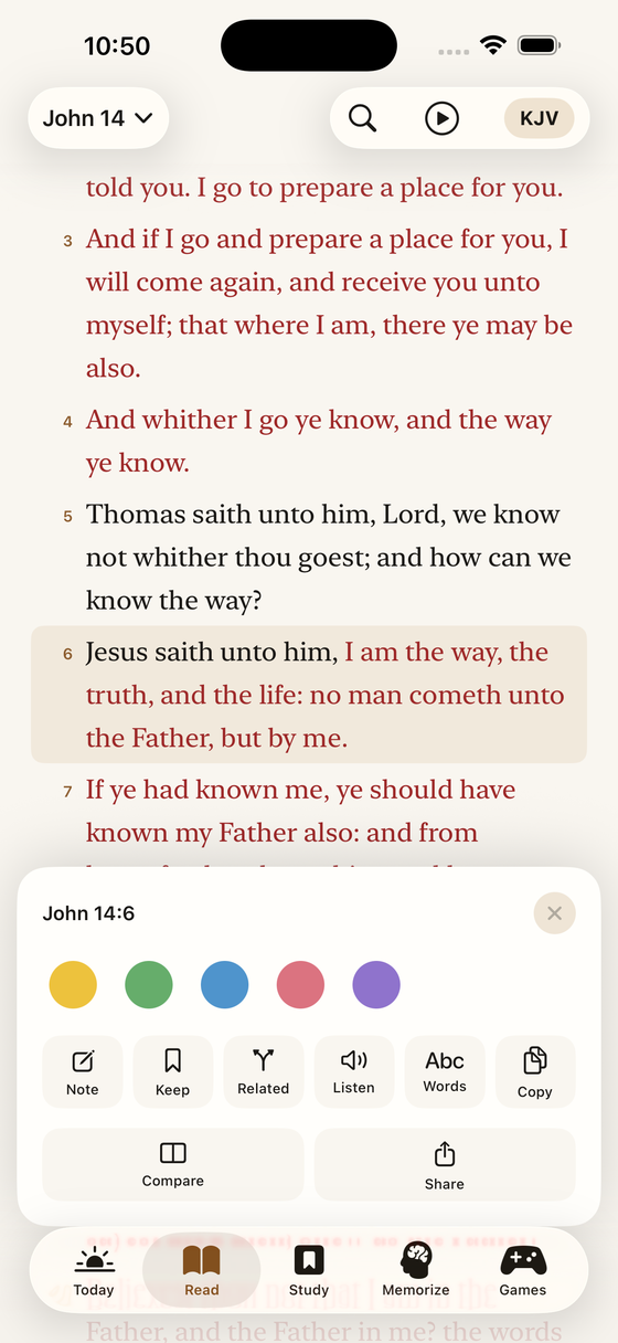 Verse actions: highlight, note, keep, cross-references, Strong's, compare, share, pray